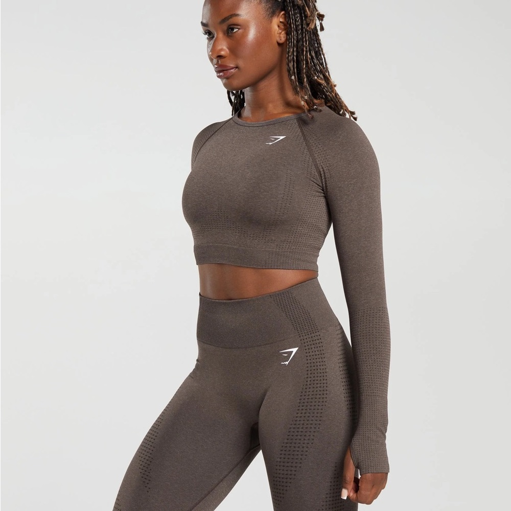 VITAL SEAMLESS 2.0 LONG SLEEVE CROP TOP brown gymshark M